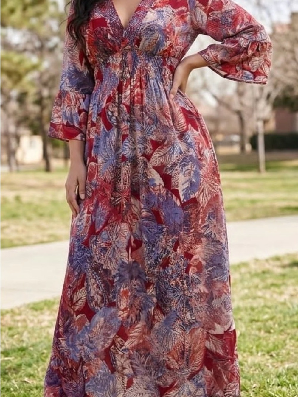 Women’s Red Floral Maxi Dress with Blue Accents